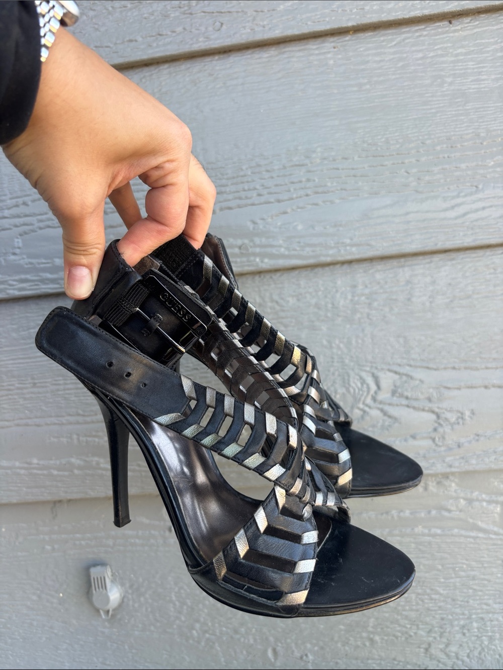G by Guess Black Strappy High Heel Sandals with Metallic Weave